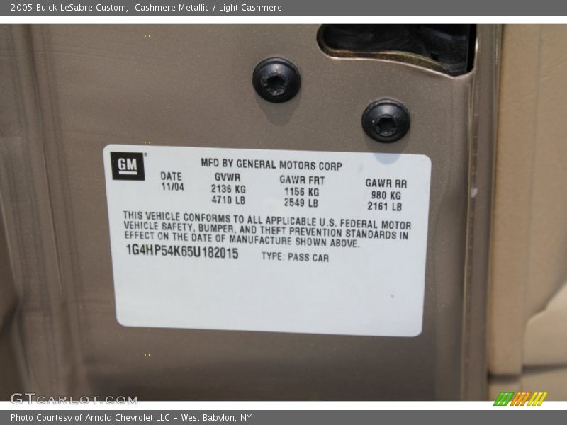 Info Tag of 2005 LeSabre Custom