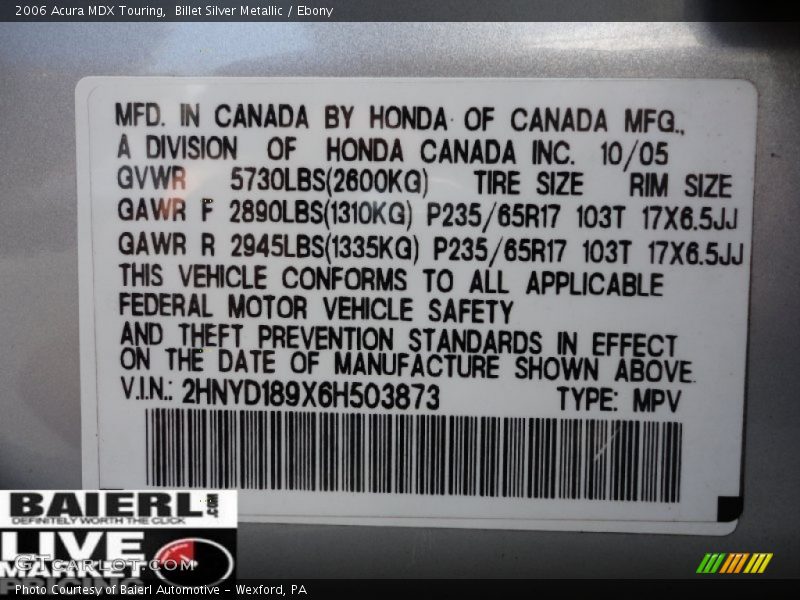 Billet Silver Metallic / Ebony 2006 Acura MDX Touring