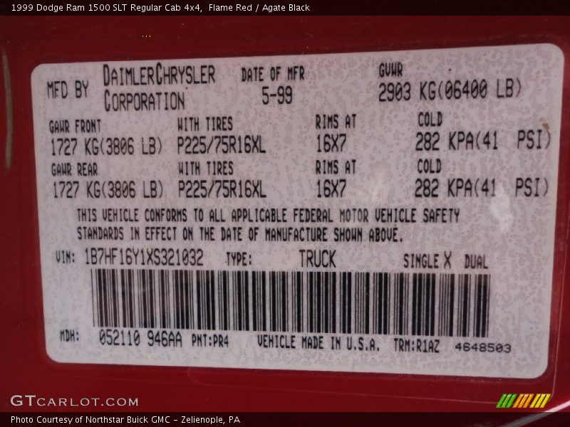 1999 Ram 1500 SLT Regular Cab 4x4 Flame Red Color Code PR4