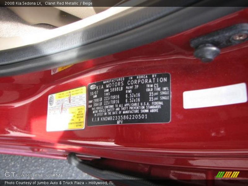 Claret Red Metallic / Beige 2008 Kia Sedona LX