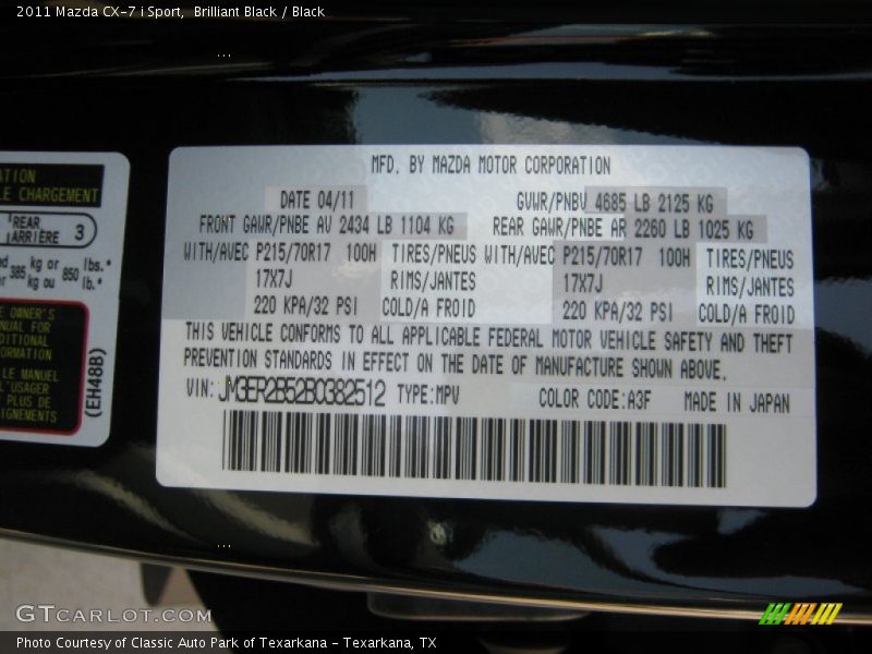 Brilliant Black / Black 2011 Mazda CX-7 i Sport