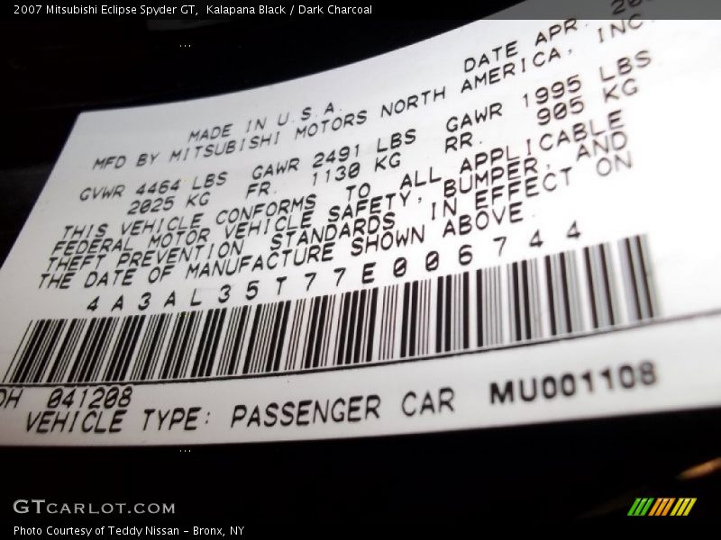 Kalapana Black / Dark Charcoal 2007 Mitsubishi Eclipse Spyder GT