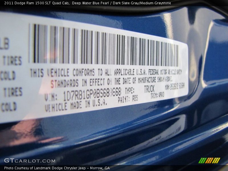 Deep Water Blue Pearl / Dark Slate Gray/Medium Graystone 2011 Dodge Ram 1500 SLT Quad Cab