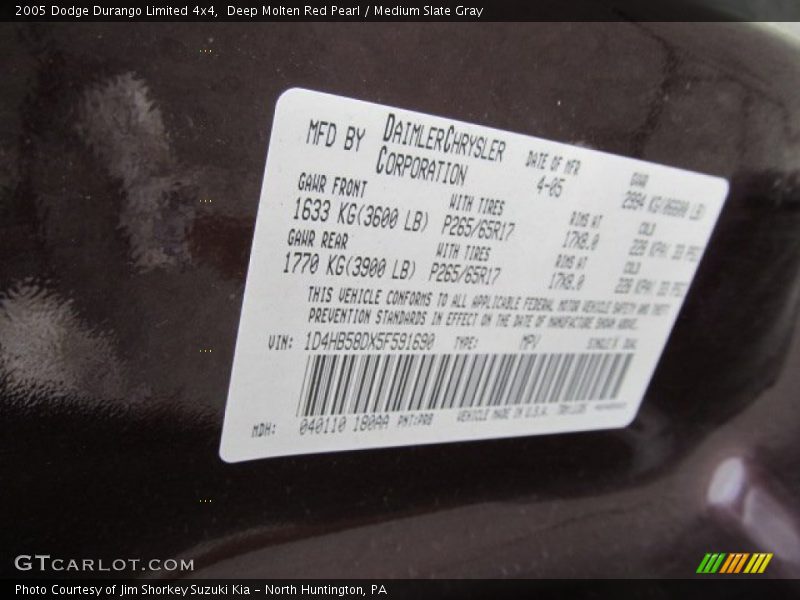 Deep Molten Red Pearl / Medium Slate Gray 2005 Dodge Durango Limited 4x4