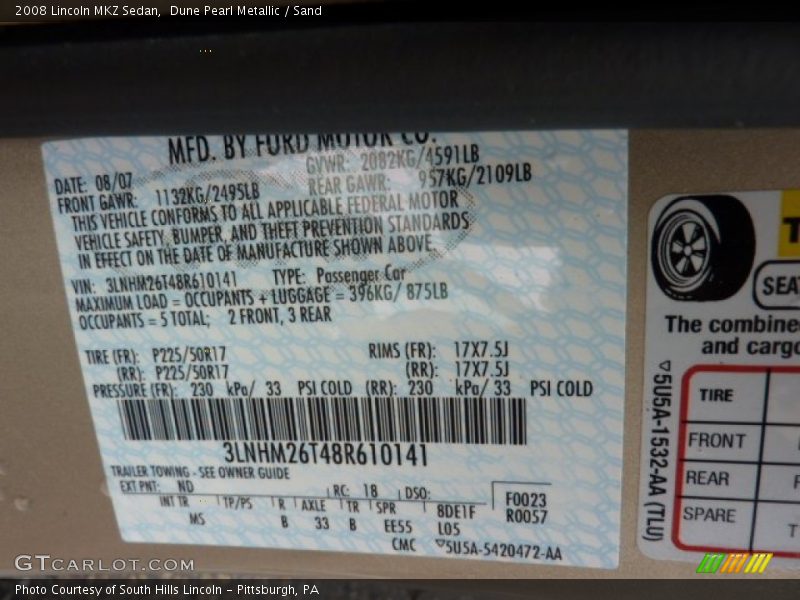 Dune Pearl Metallic / Sand 2008 Lincoln MKZ Sedan