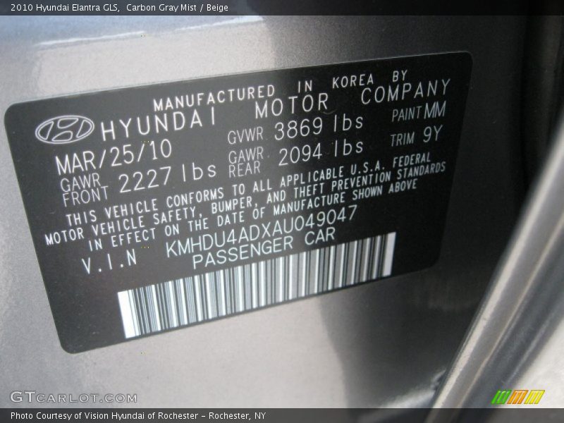 Carbon Gray Mist / Beige 2010 Hyundai Elantra GLS