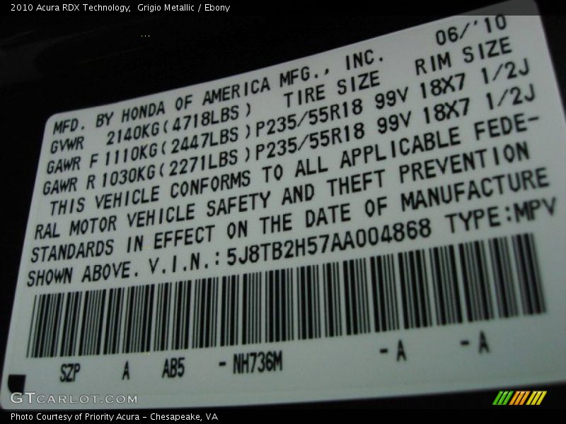 2010 RDX Technology Grigio Metallic Color Code NH736M