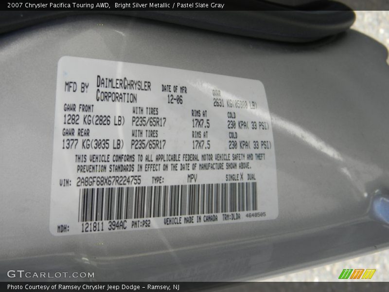 Bright Silver Metallic / Pastel Slate Gray 2007 Chrysler Pacifica Touring AWD