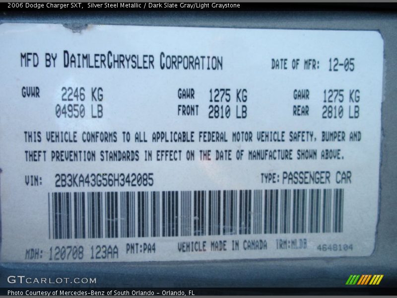 Silver Steel Metallic / Dark Slate Gray/Light Graystone 2006 Dodge Charger SXT
