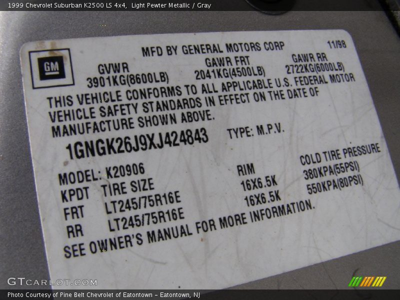 Light Pewter Metallic / Gray 1999 Chevrolet Suburban K2500 LS 4x4