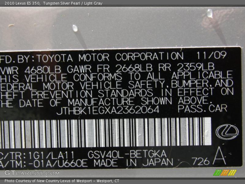 Tungsten Silver Pearl / Light Gray 2010 Lexus ES 350