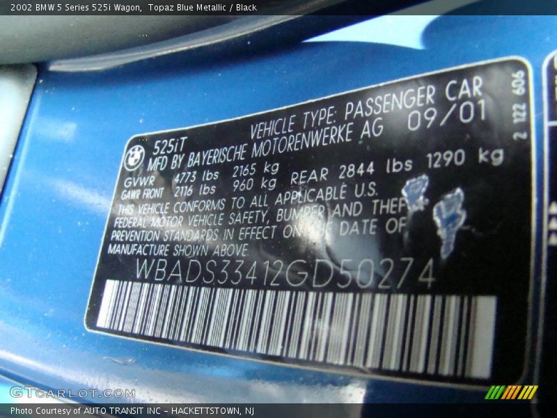 Info Tag of 2002 5 Series 525i Wagon