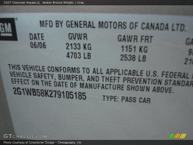 Amber Bronze Metallic / Gray 2007 Chevrolet Impala LS
