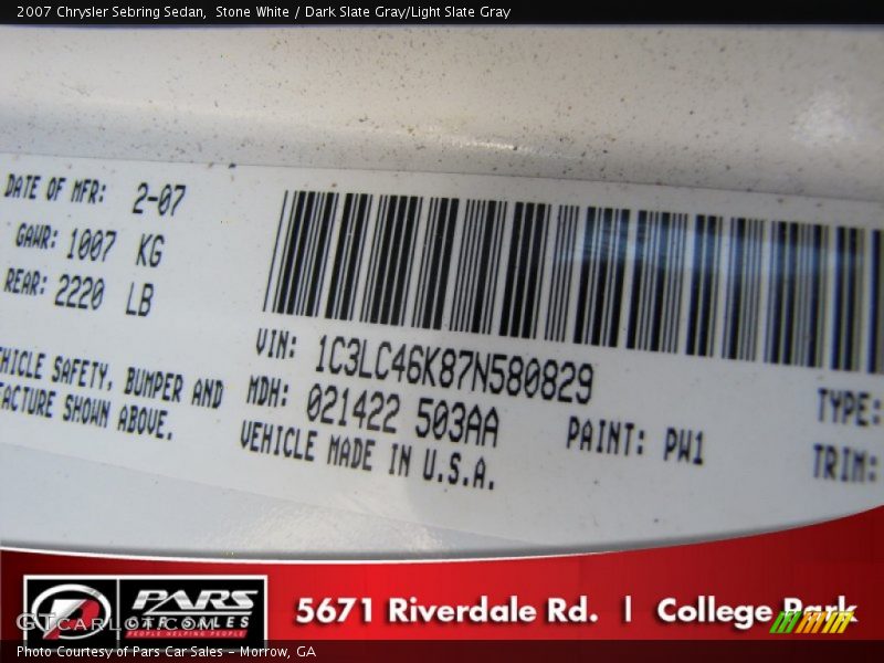 Stone White / Dark Slate Gray/Light Slate Gray 2007 Chrysler Sebring Sedan