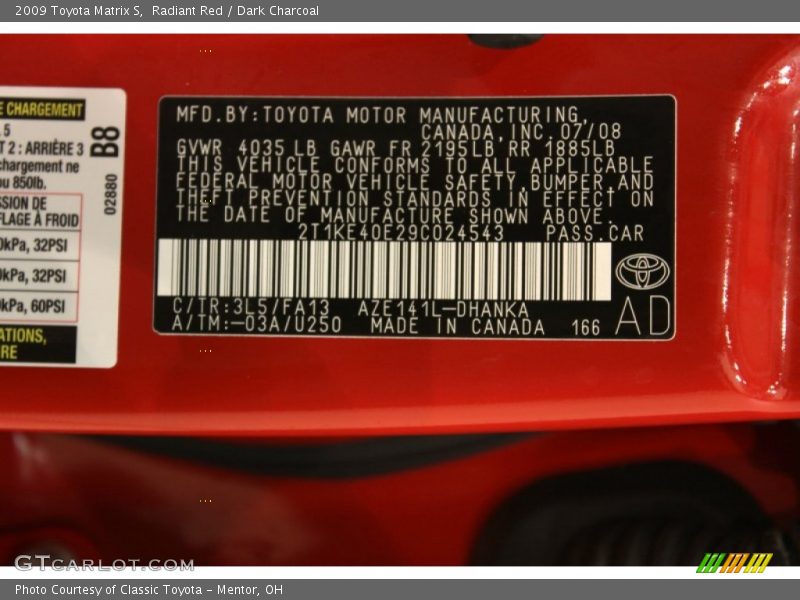 Radiant Red / Dark Charcoal 2009 Toyota Matrix S