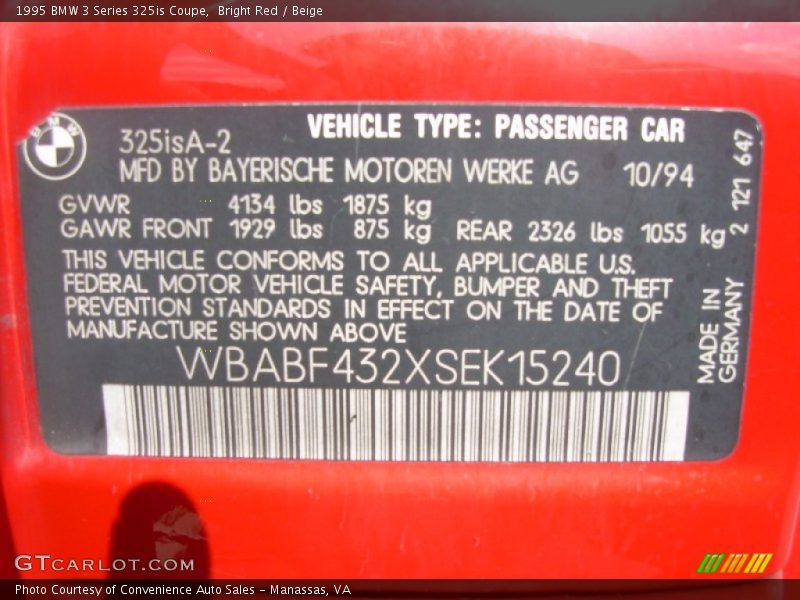 Info Tag of 1995 3 Series 325is Coupe