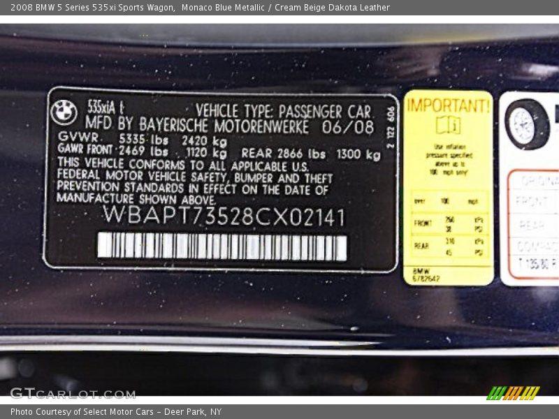 Monaco Blue Metallic / Cream Beige Dakota Leather 2008 BMW 5 Series 535xi Sports Wagon