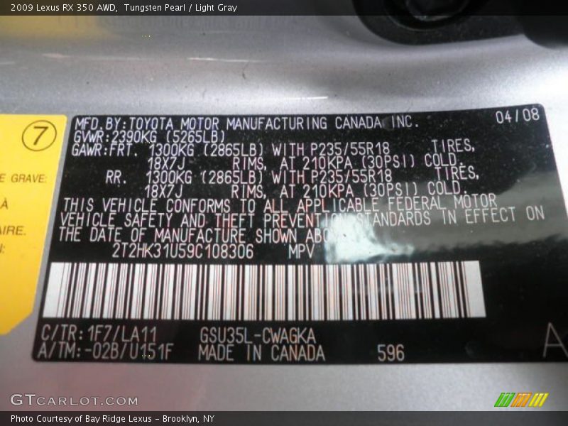 Tungsten Pearl / Light Gray 2009 Lexus RX 350 AWD