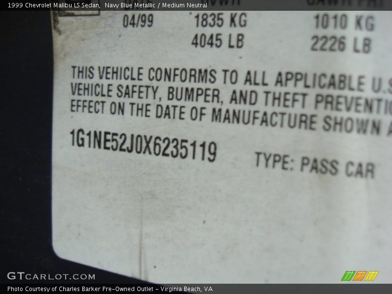 Navy Blue Metallic / Medium Neutral 1999 Chevrolet Malibu LS Sedan