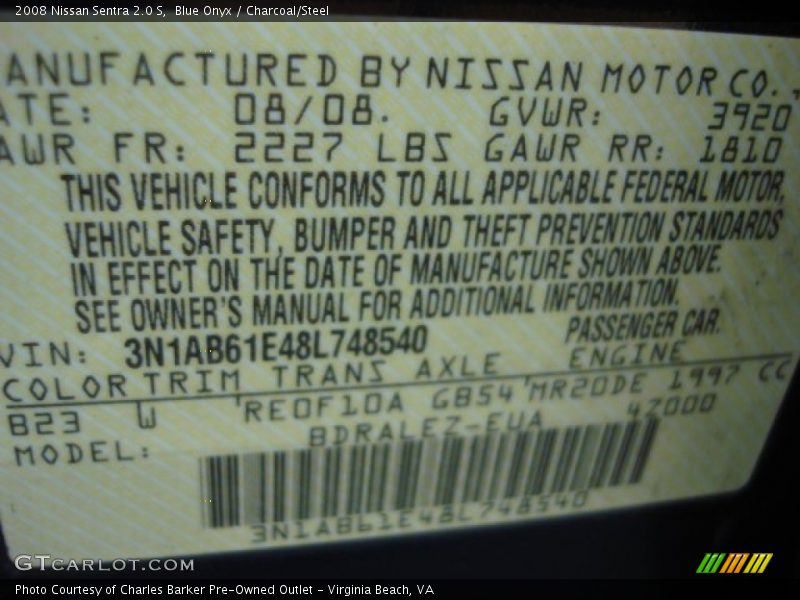 Blue Onyx / Charcoal/Steel 2008 Nissan Sentra 2.0 S