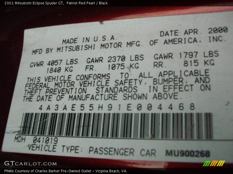 Patriot Red Pearl / Black 2001 Mitsubishi Eclipse Spyder GT
