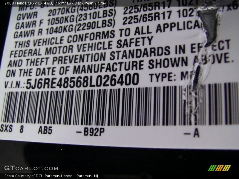 Nighthawk Black Pearl / Gray 2008 Honda CR-V EX 4WD