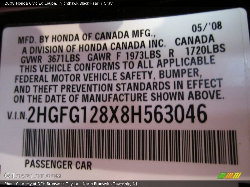 Nighthawk Black Pearl / Gray 2008 Honda Civic EX Coupe