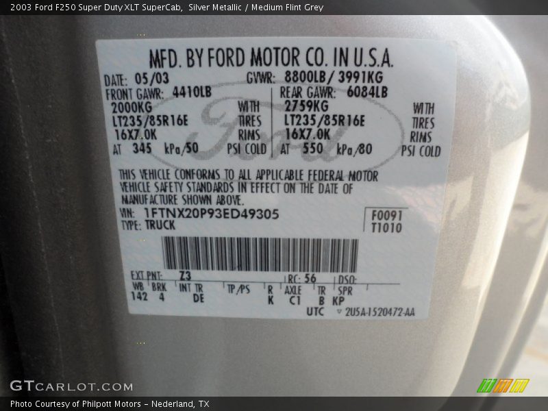 2003 F250 Super Duty XLT SuperCab Silver Metallic Color Code Z3