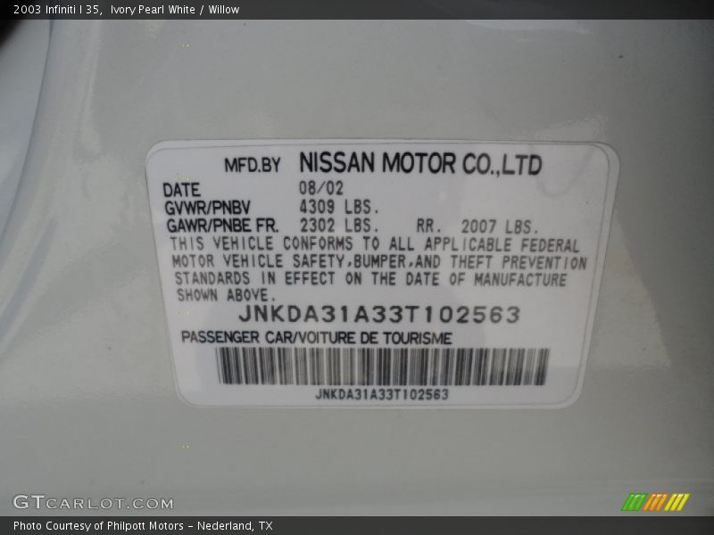 Ivory Pearl White / Willow 2003 Infiniti I 35
