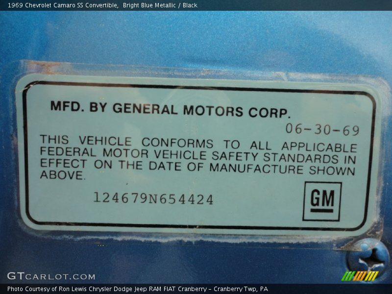 Info Tag of 1969 Camaro SS Convertible