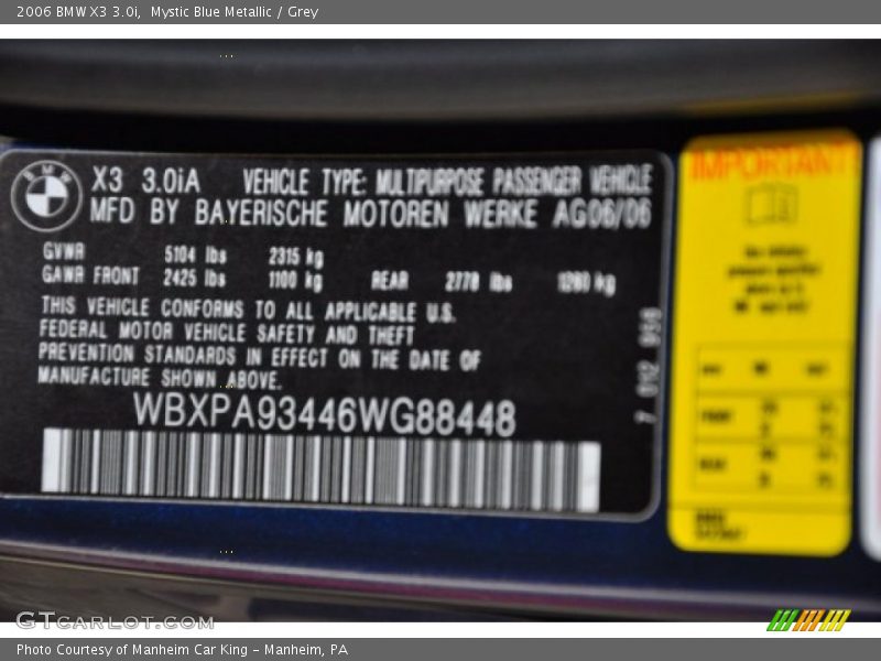 Mystic Blue Metallic / Grey 2006 BMW X3 3.0i