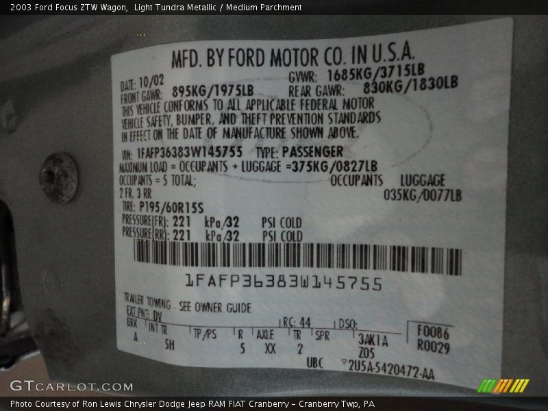 2003 Focus ZTW Wagon Light Tundra Metallic Color Code DV