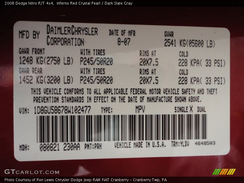 2008 Nitro R/T 4x4 Inferno Red Crystal Pearl Color Code PRH