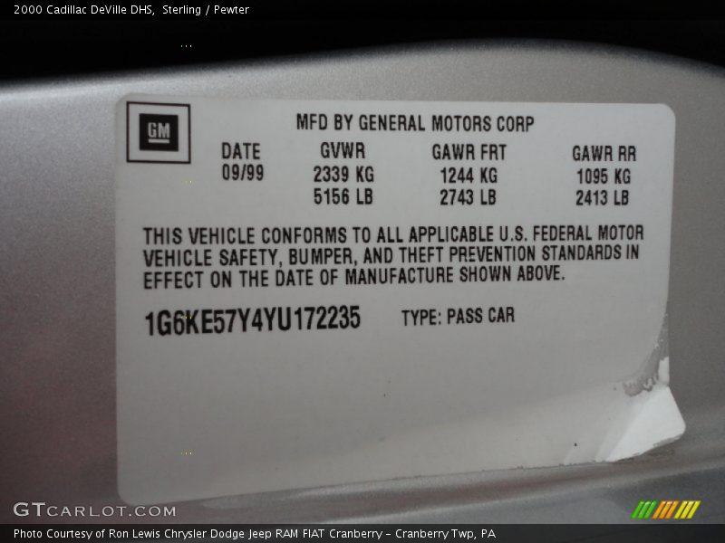 Info Tag of 2000 DeVille DHS