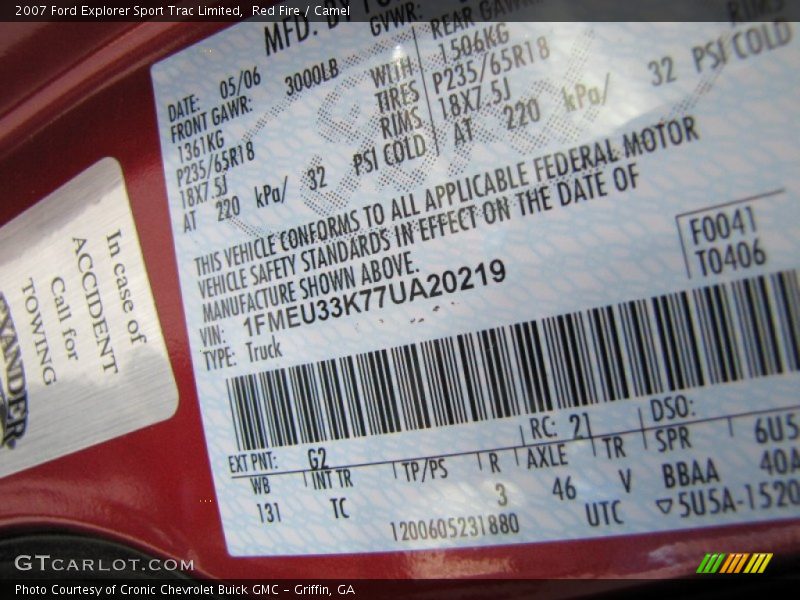 2007 Explorer Sport Trac Limited Red Fire Color Code G2