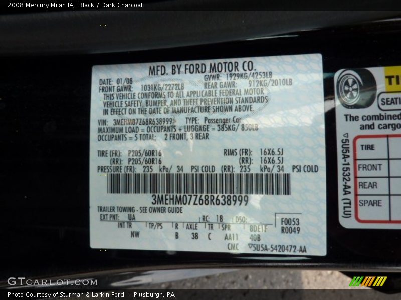 Black / Dark Charcoal 2008 Mercury Milan I4