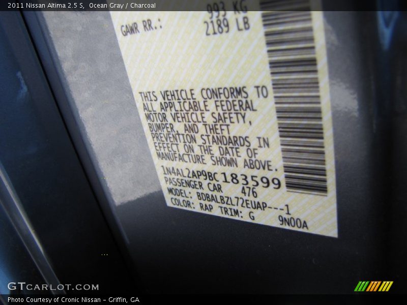 Ocean Gray / Charcoal 2011 Nissan Altima 2.5 S