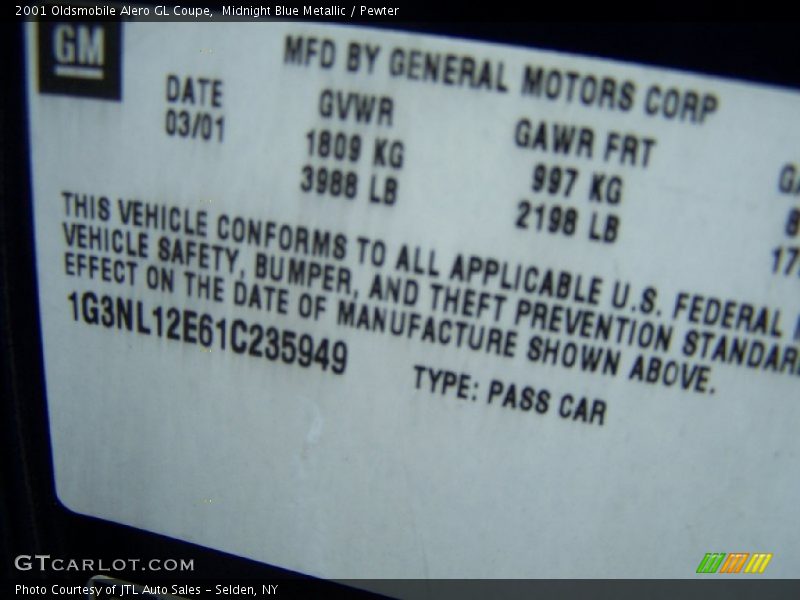 Midnight Blue Metallic / Pewter 2001 Oldsmobile Alero GL Coupe