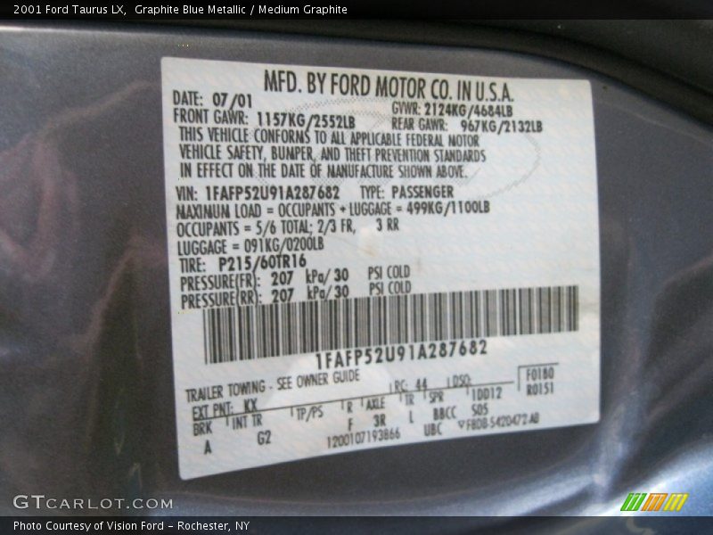 2001 Taurus LX Graphite Blue Metallic Color Code KX