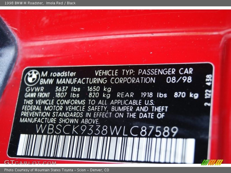 Info Tag of 1998 M Roadster
