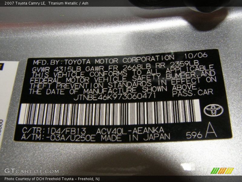 Titanium Metallic / Ash 2007 Toyota Camry LE