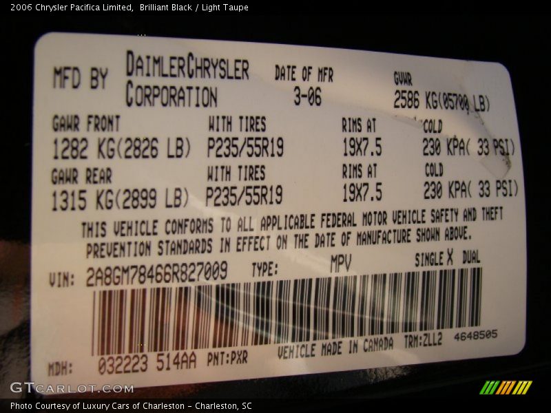 2006 Pacifica Limited Brilliant Black Color Code PXR