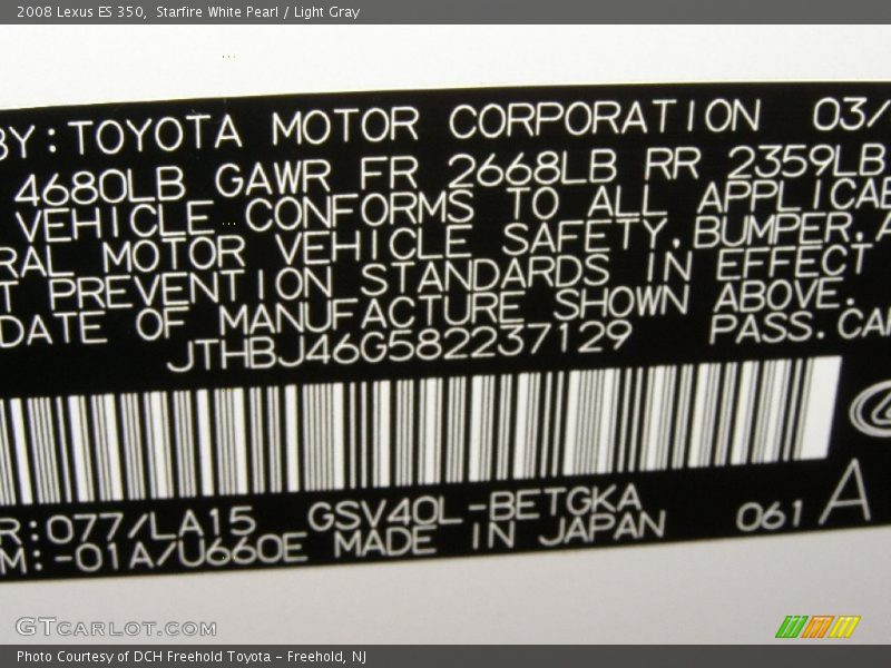 Starfire White Pearl / Light Gray 2008 Lexus ES 350