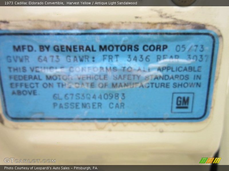 Info Tag of 1973 Eldorado Convertible