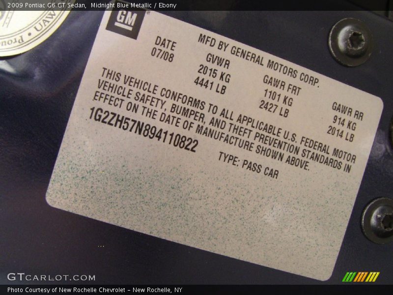 Midnight Blue Metallic / Ebony 2009 Pontiac G6 GT Sedan