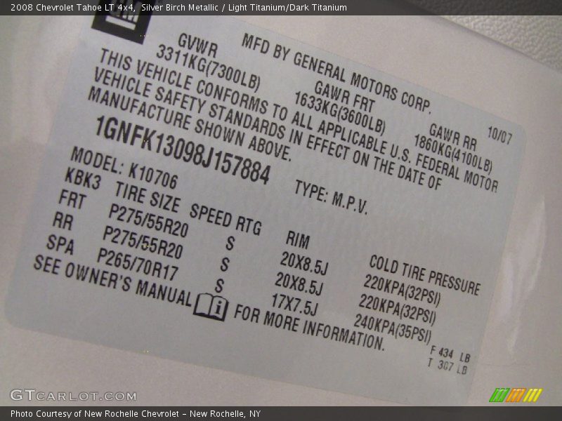 Info Tag of 2008 Tahoe LT 4x4