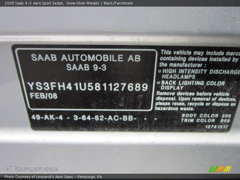 Snow Silver Metallic / Black/Parchment 2008 Saab 9-3 Aero Sport Sedan