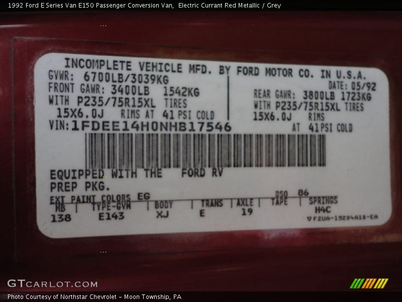 1992 E Series Van E150 Passenger Conversion Van Electric Currant Red Metallic Color Code EG