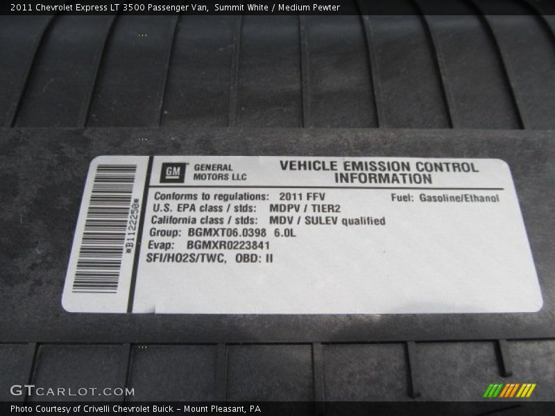 Info Tag of 2011 Express LT 3500 Passenger Van