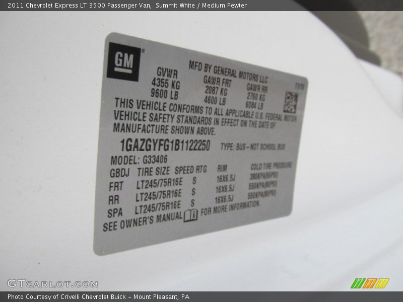 Info Tag of 2011 Express LT 3500 Passenger Van